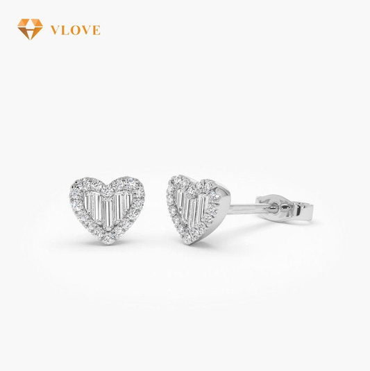 14K Natural Diamond Heart Stud Earrings | Round Baguette Cut | Dainty Gift for Her | VLOVE