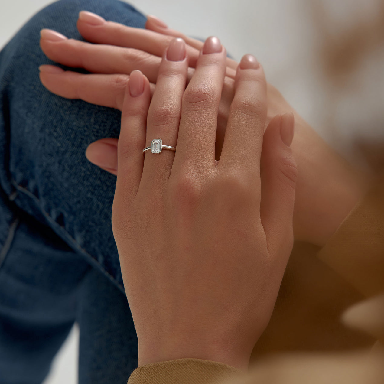 14k Bezel Setting Emerald Cut Lab Grown Diamond Engagement Ring