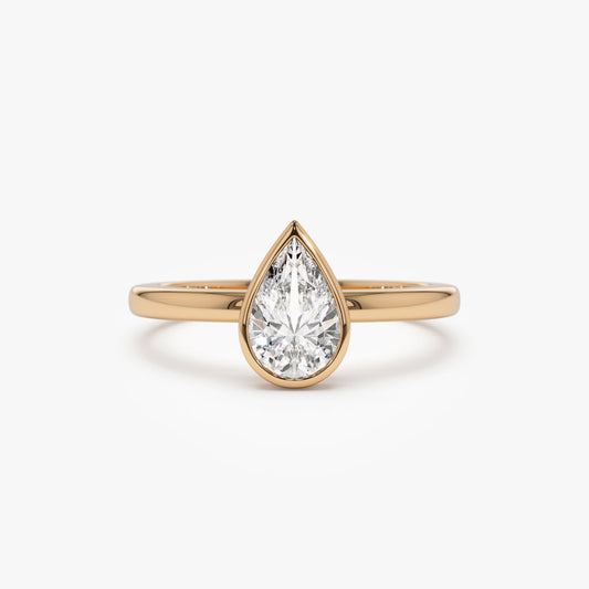 Pear Shaped Bezel Diamond Ring | 14K Gold Teardrop Engagement Ring | Lab Grown Unique Bridal Jewelry