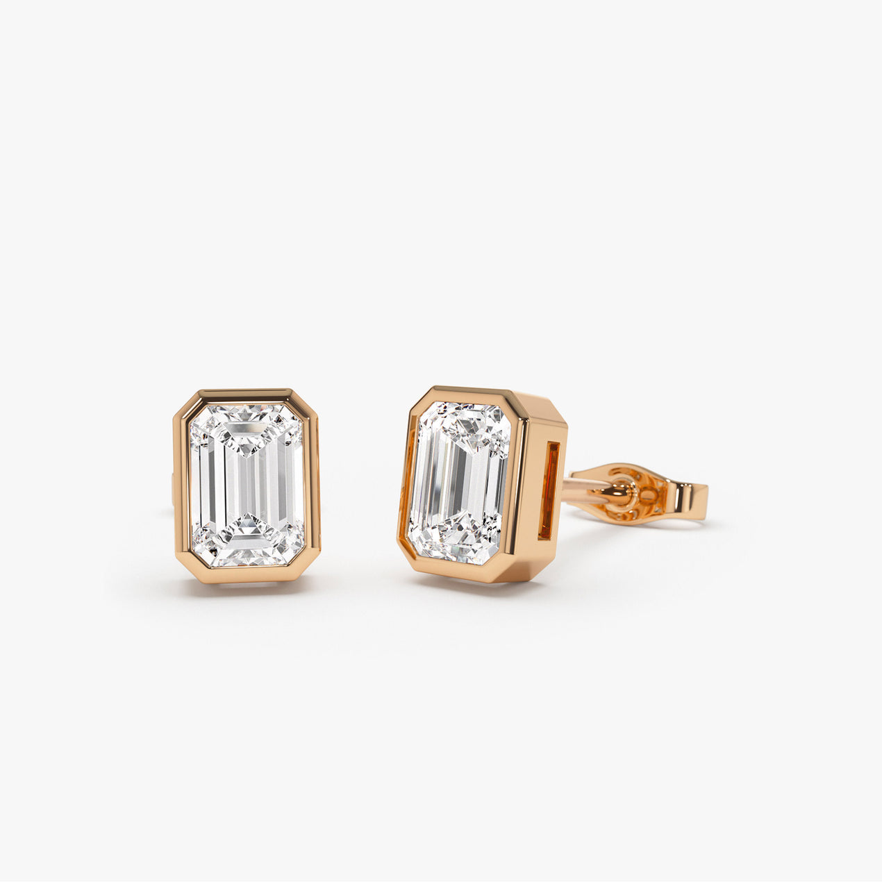 14k Bezel Setting Emerald Cut Lab Grown Diamond Studs