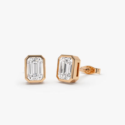 14k Bezel Setting Emerald Cut Lab Grown Diamond Studs