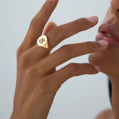14K Diamond Letter Signet Ring