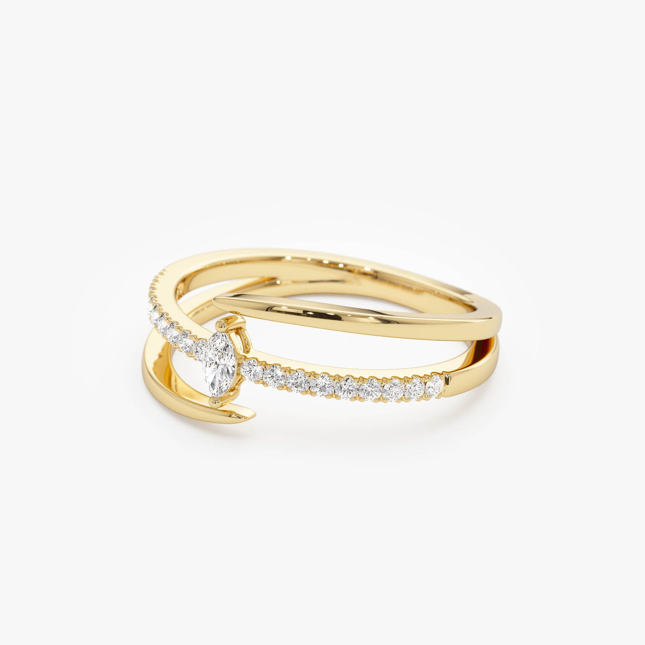 14K Double Band Marquise Diamond Ring with Pavé Accents