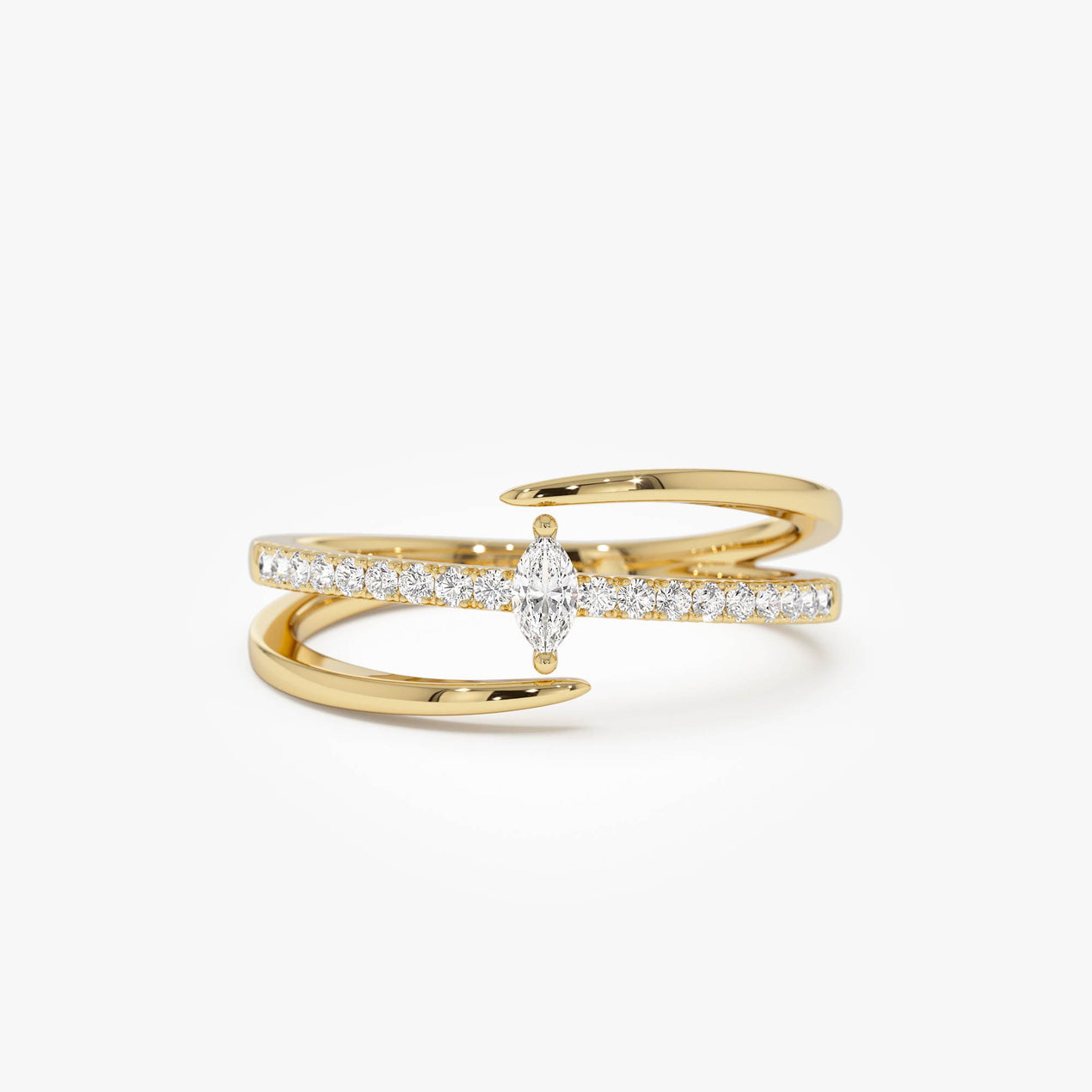 14K Double Band Marquise Diamond Ring with Pavé Accents