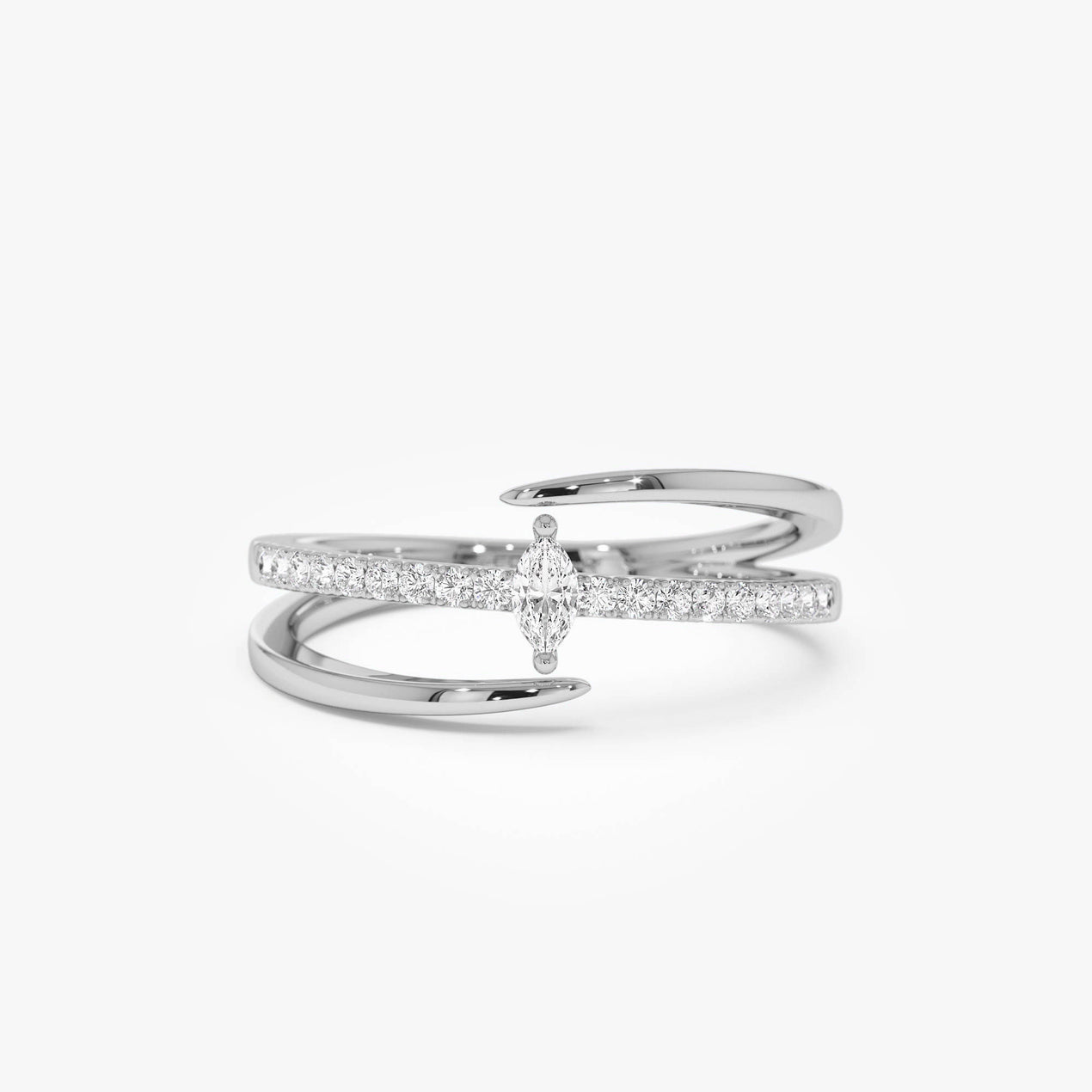 14K Double Band Marquise Diamond Ring with Pavé Accents