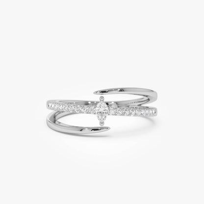 14K Double Band Marquise Diamond Ring with Pavé Accents