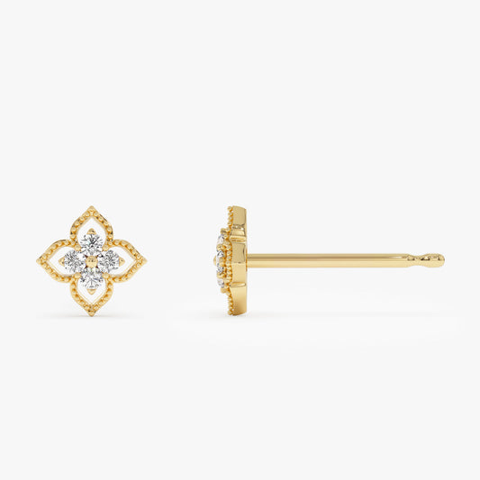 14K Gold Clover Diamond Stud Earrings | Four Leaf Clover Lucky Charm | Solid Gold Floral Earrings | VLOVE