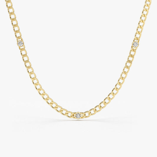 14K Gold Cuban Link Necklace w/ Bezel Setting Diamond