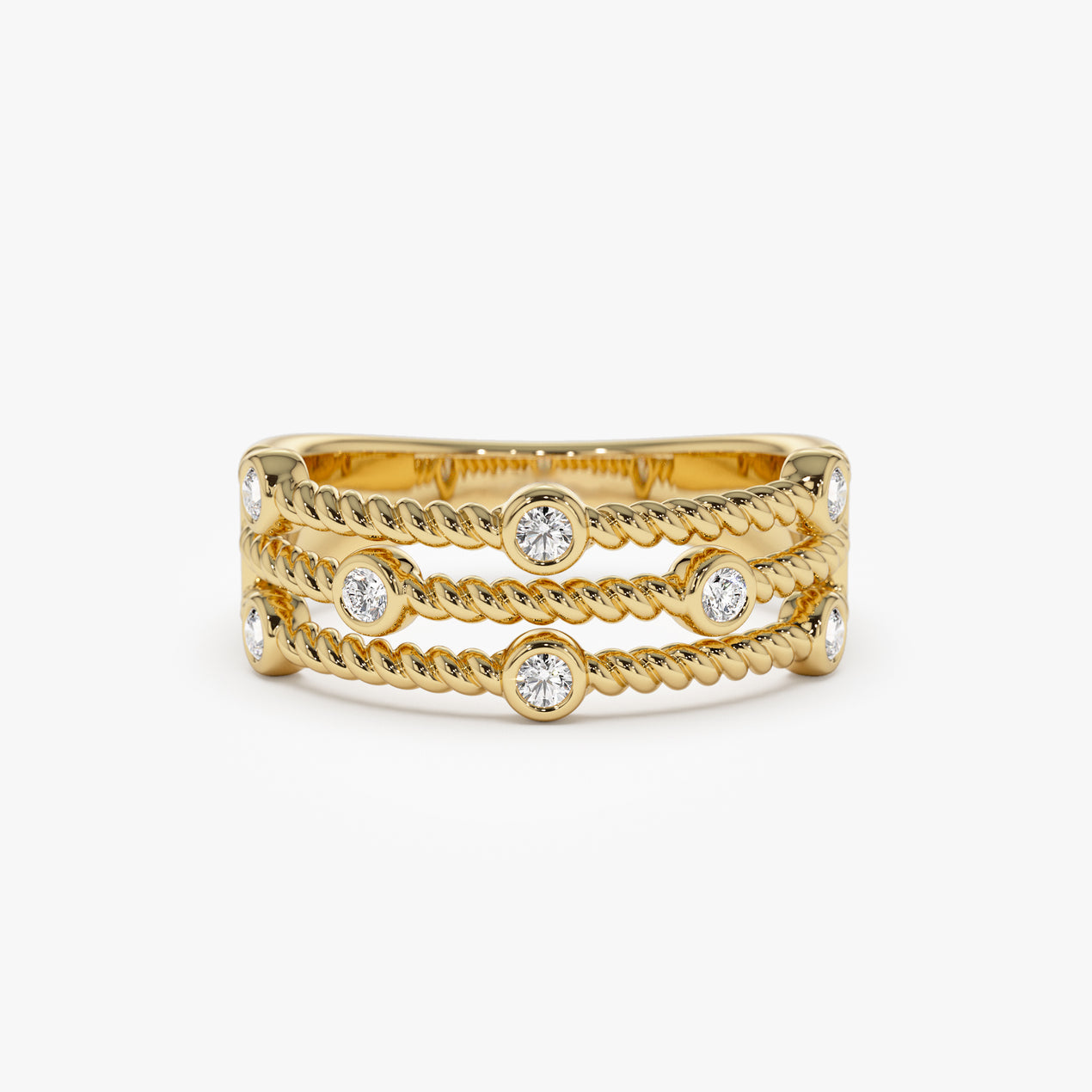 14K Gold Twisted Rope Triple Diamond Ring