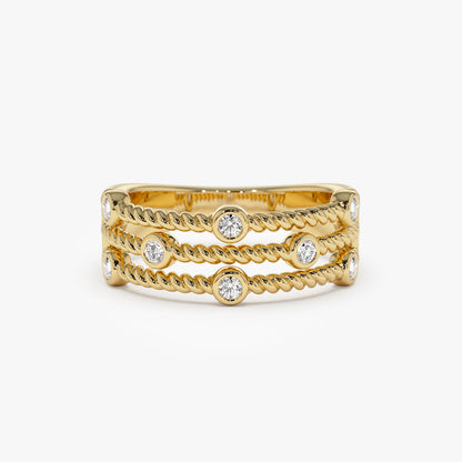 14K Gold Twisted Rope Triple Diamond Ring