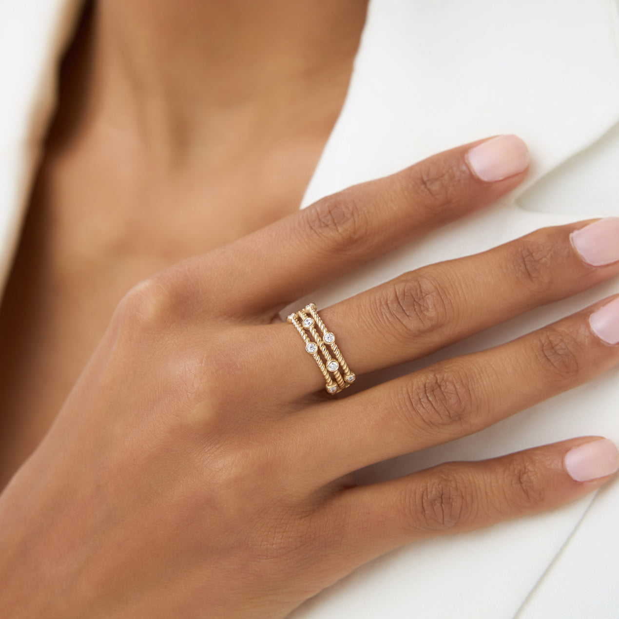 14K Gold Twisted Rope Triple Diamond Ring