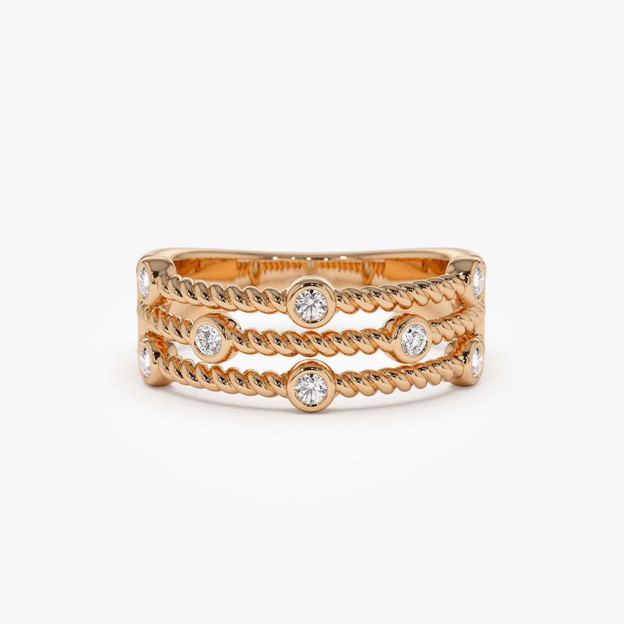 14K Gold Twisted Rope Triple Diamond Ring