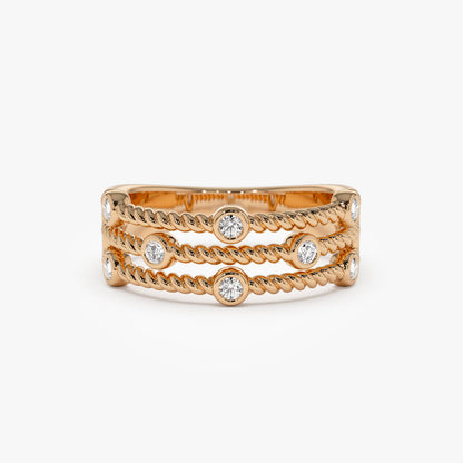 14K Gold Twisted Rope Triple Diamond Ring