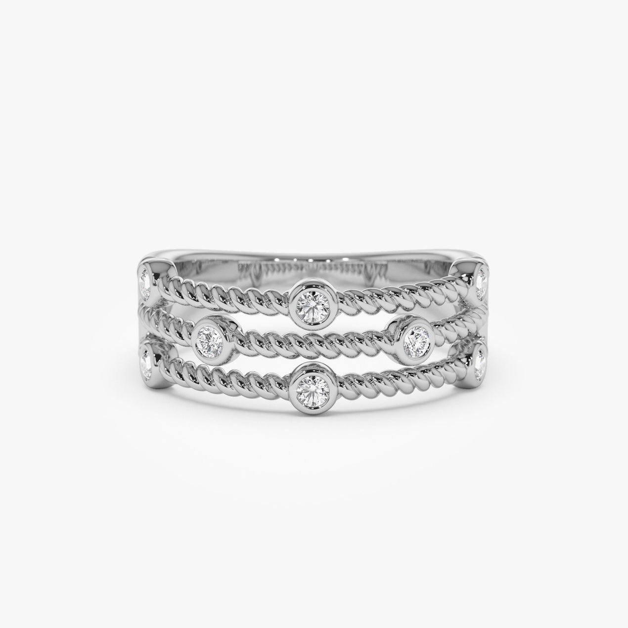 14K Gold Twisted Rope Triple Diamond Ring