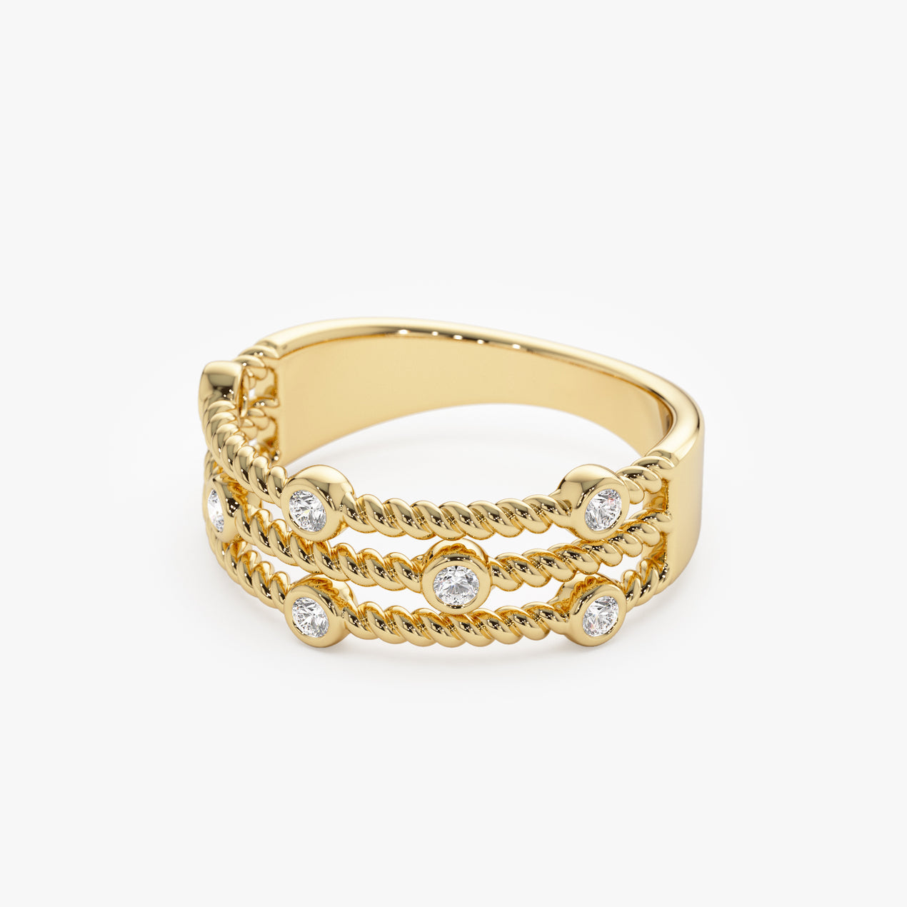 14K Gold Twisted Rope Triple Diamond Ring