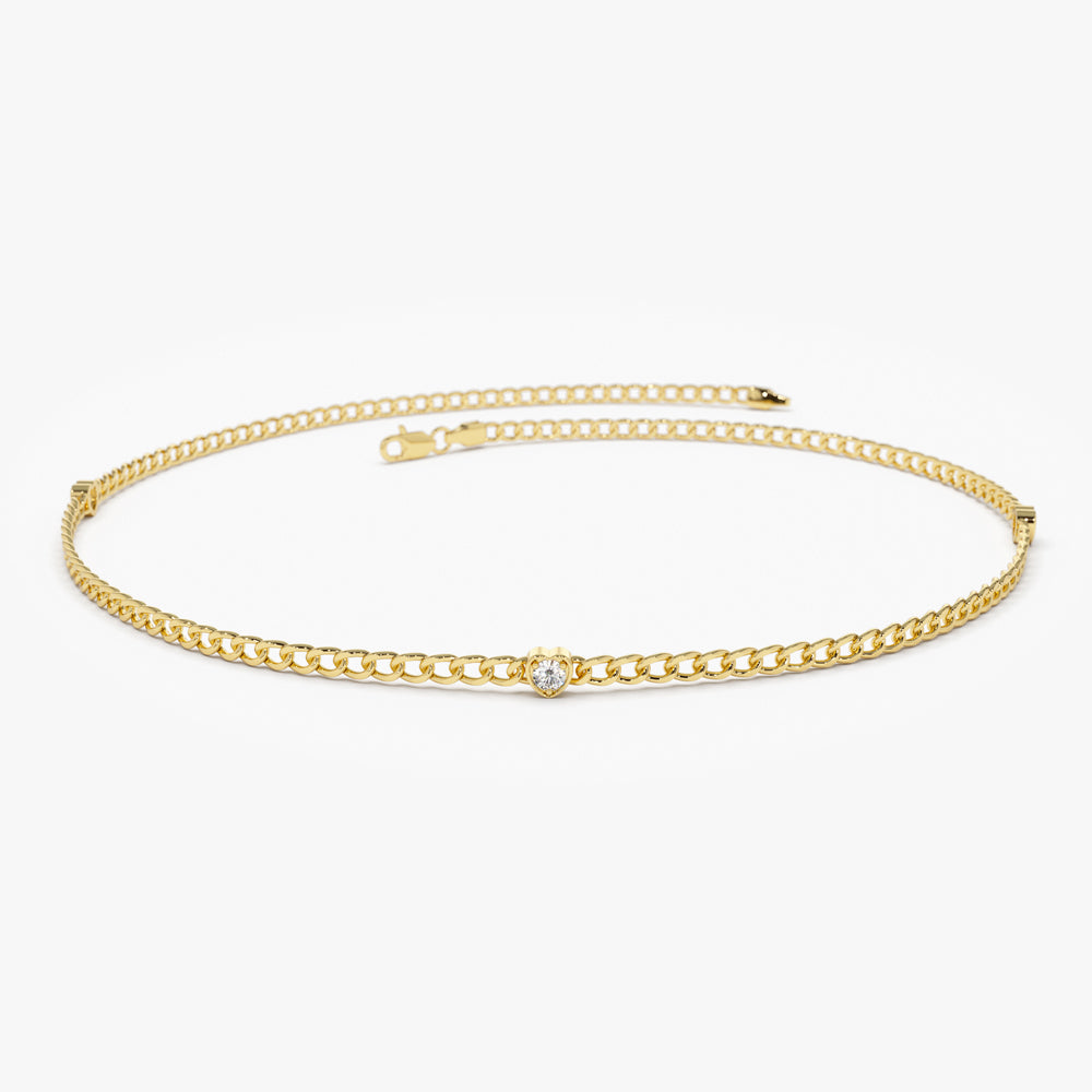 14k 2MM Curb Link Bracelet w/ Heart Shape Solitaire Round Diamonds