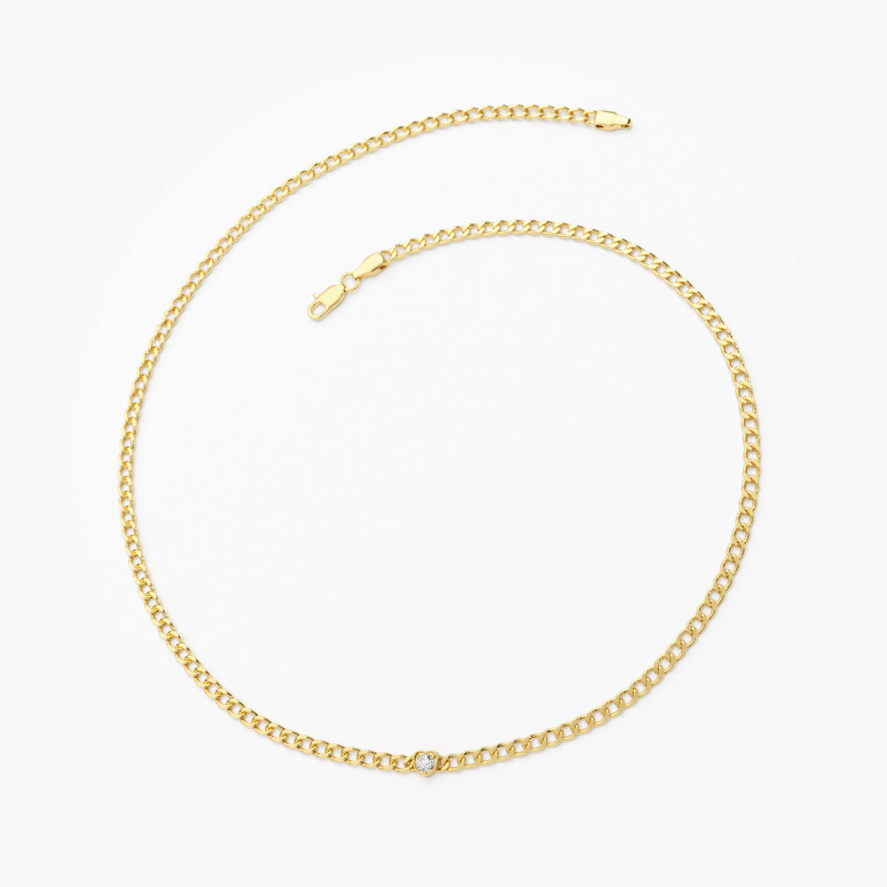 14k 2MM Curb Link Bracelet w/ Heart Shape Solitaire Round Diamonds
