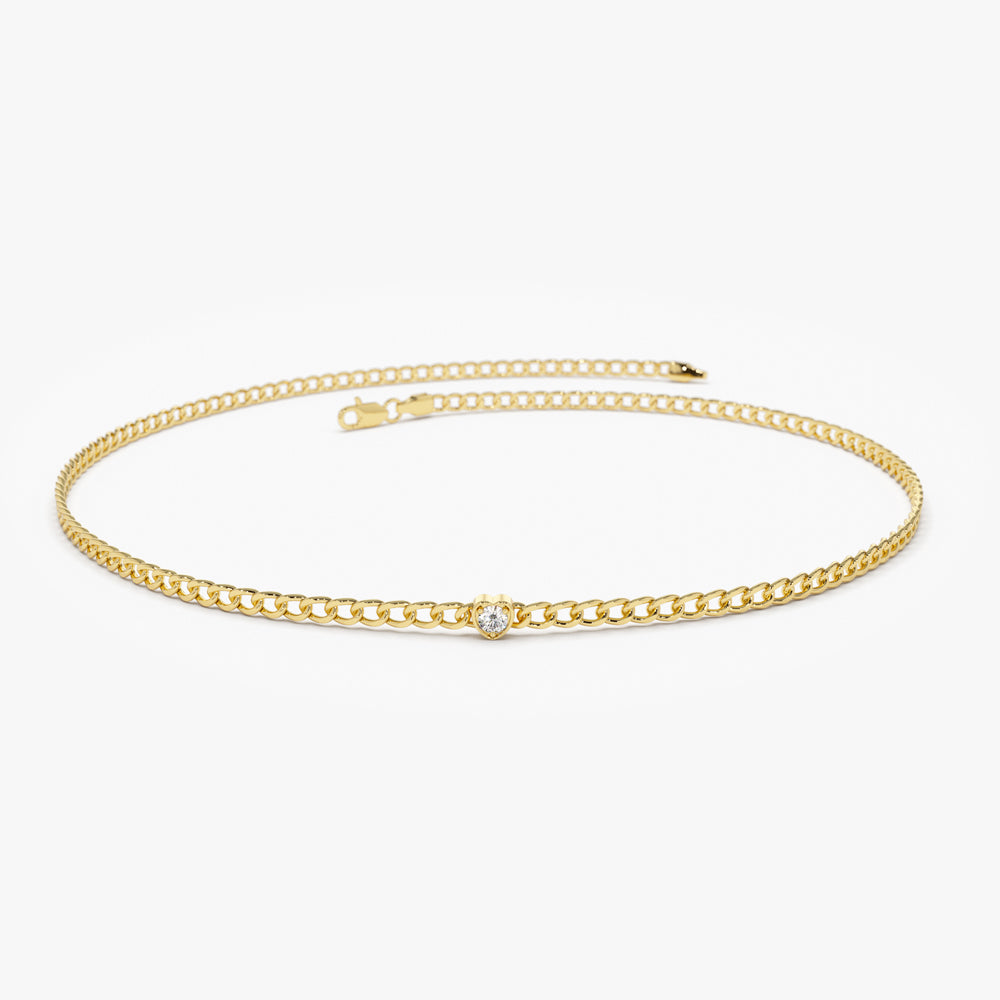 14k 2MM Curb Link Bracelet w/ Heart Shape Solitaire Round Diamonds