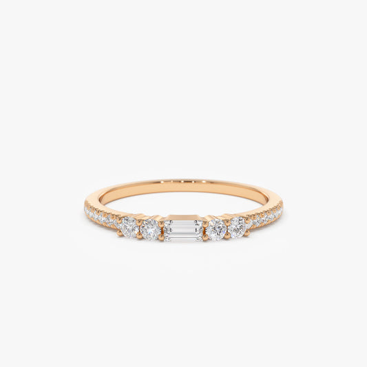 Baguette and Round Diamond Ring | Dainty Stackable Band | 14k Gold Minimalist Jewelry | Gift for Her