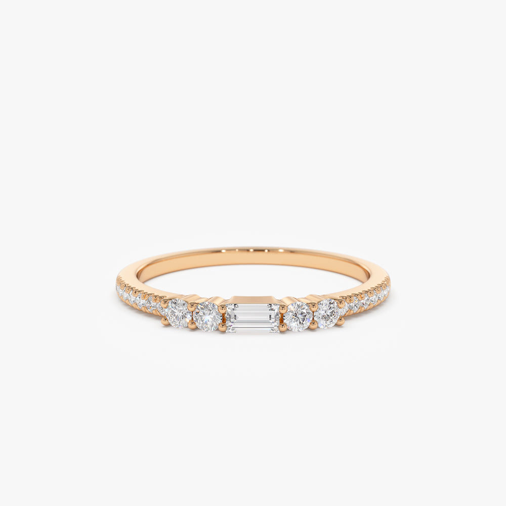 14k Baguette and Round Diamond Dainty Stackable Ring