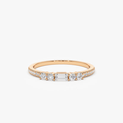 14k Baguette and Round Diamond Dainty Stackable Ring
