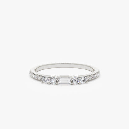 14k Baguette and Round Diamond Dainty Stackable Ring