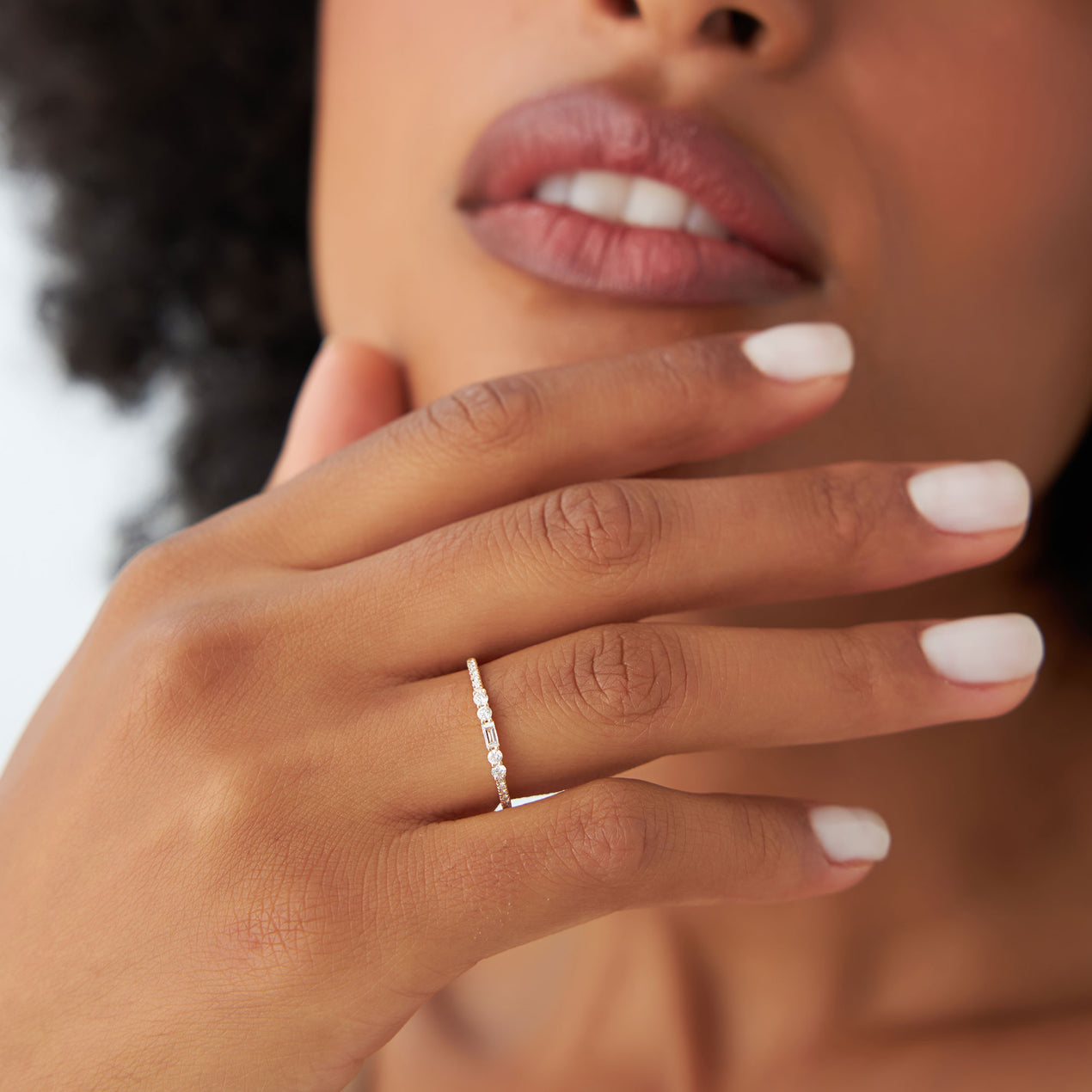 14k Baguette and Round Diamond Dainty Stackable Ring