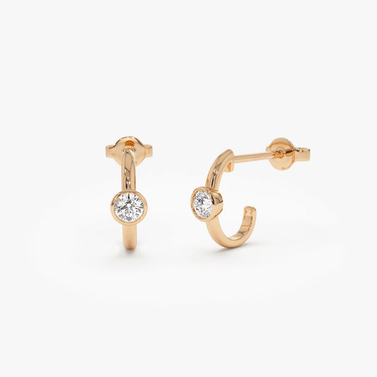 Bezel Set Diamond J Hoop Earrings | 14K Gold Secure Setting Hoops | Everyday Luxury Earrings for Her