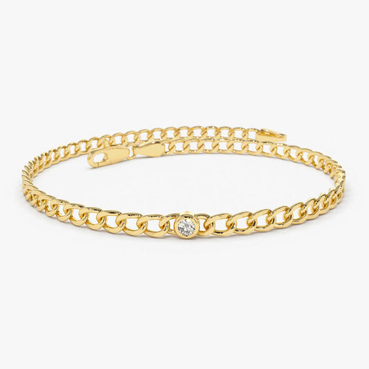 14k Gold Cuban Link Bracelet w/ Bezel Setting Diamond