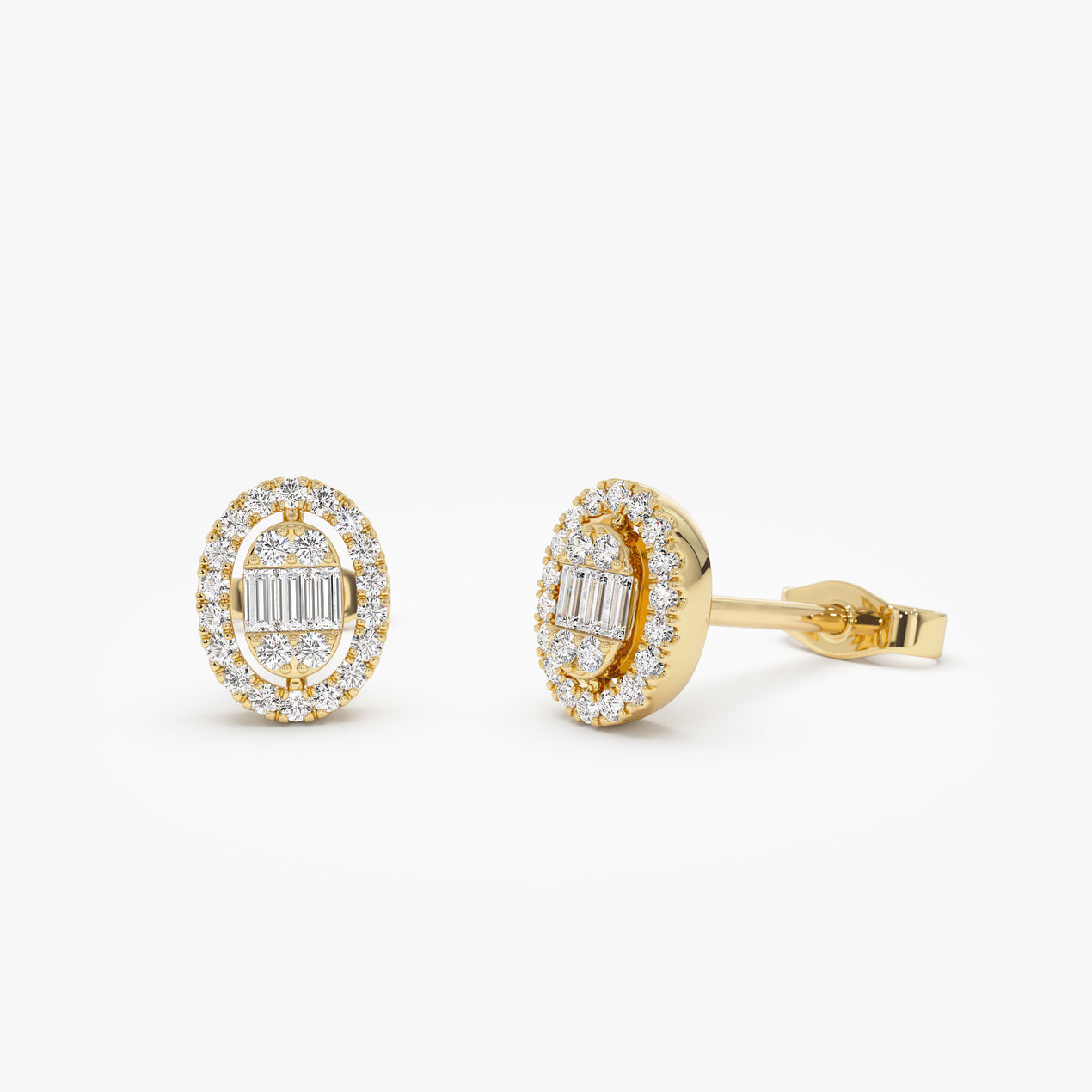 14k Oval Shaped Baguette & Round Diamond Mini Studs