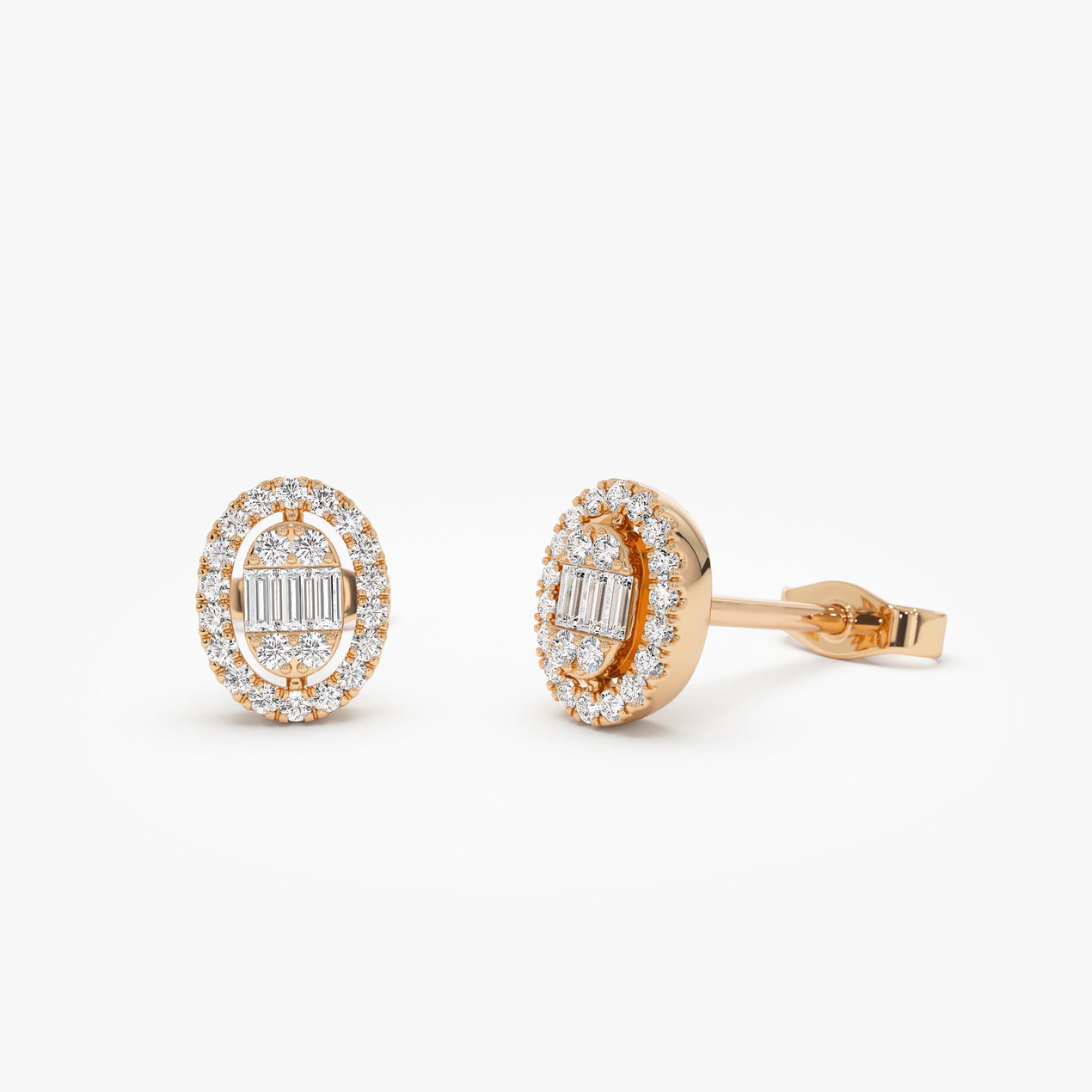 14k Oval Shaped Baguette & Round Diamond Mini Studs