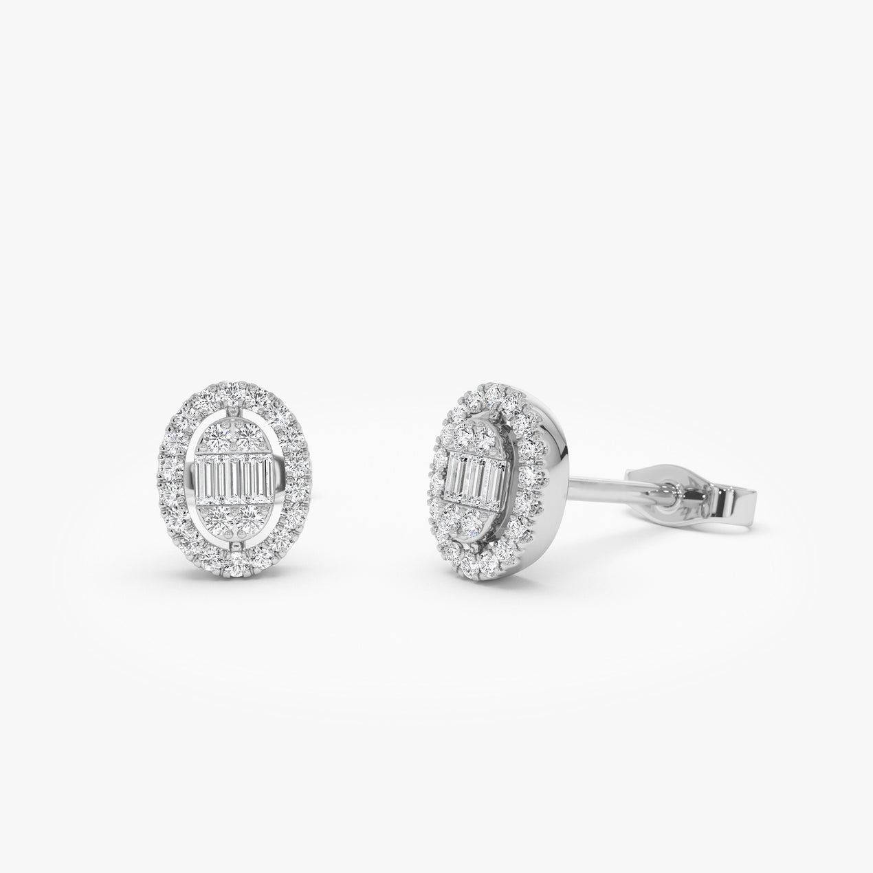 14k Oval Shaped Baguette & Round Diamond Mini Studs