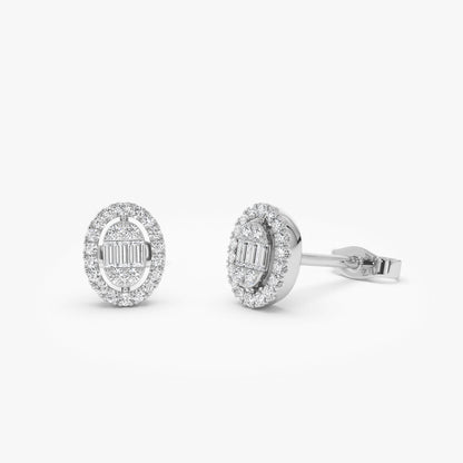 14k Oval Shaped Baguette & Round Diamond Mini Studs