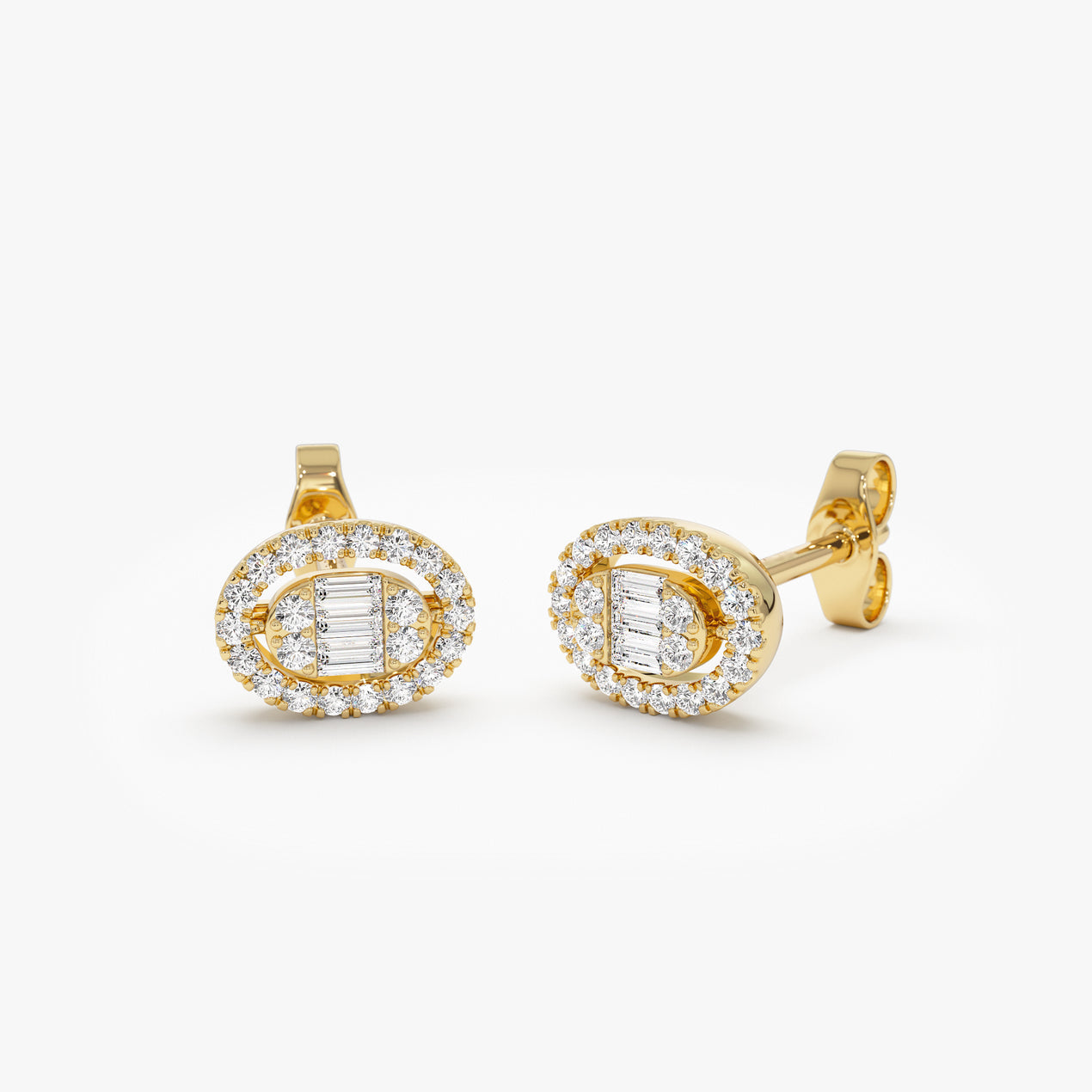 14k Oval Shaped Baguette & Round Diamond Mini Studs