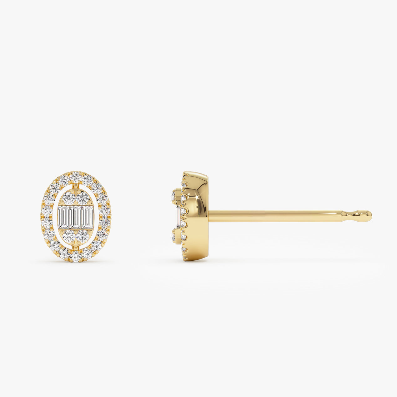 14k Oval Shaped Baguette & Round Diamond Mini Studs