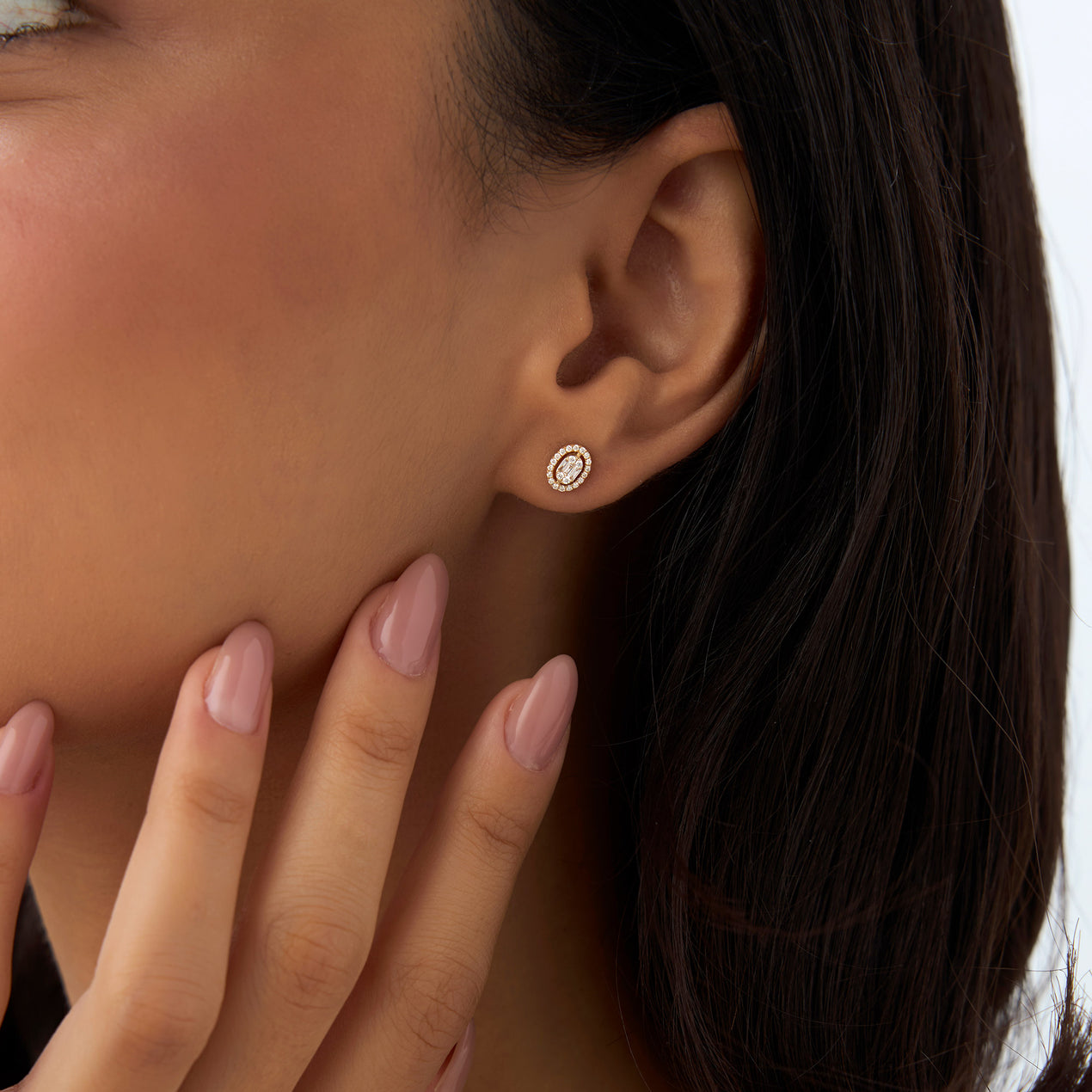 14k Oval Shaped Baguette & Round Diamond Mini Studs