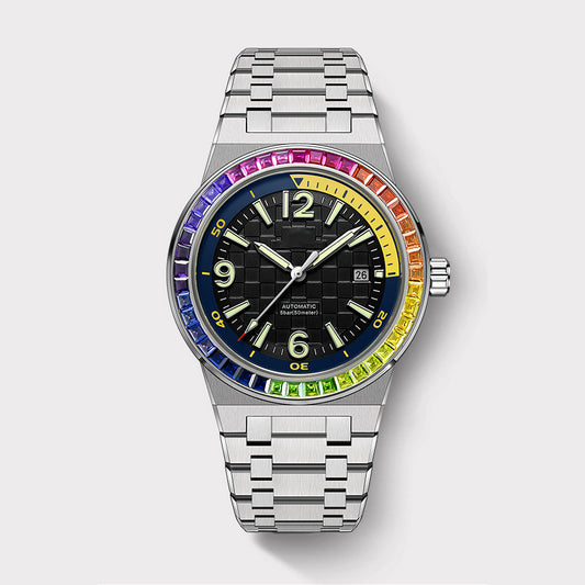 Round Watch in White Gold with Rainbow gem