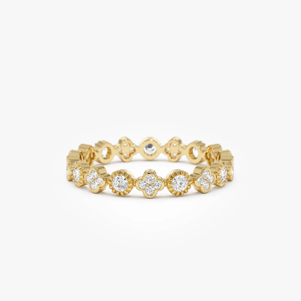 14K Diamond Eternity Bezel and Clover Ring | Four-Leaf Clover & Eternal Circle Design | Lucky Symbolism Jewelry | VLOVE