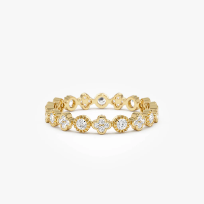 14K Diamond Eternity Bezel and Clover Ring | Four-Leaf Clover & Eternal Circle Design | Lucky Symbolism Jewelry | VLOVE