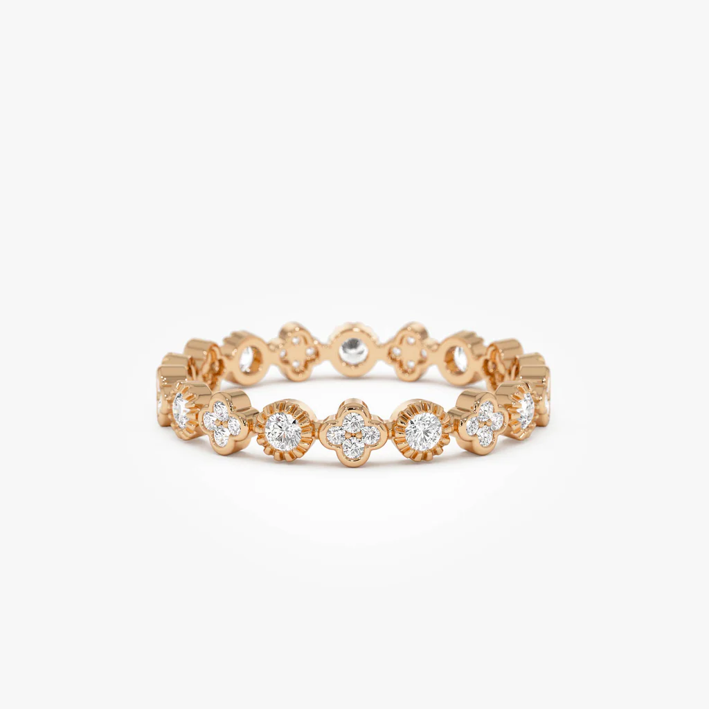 14K Diamond Eternity Bezel and Clover Ring | Four-Leaf Clover & Eternal Circle Design | Lucky Symbolism Jewelry | VLOVE