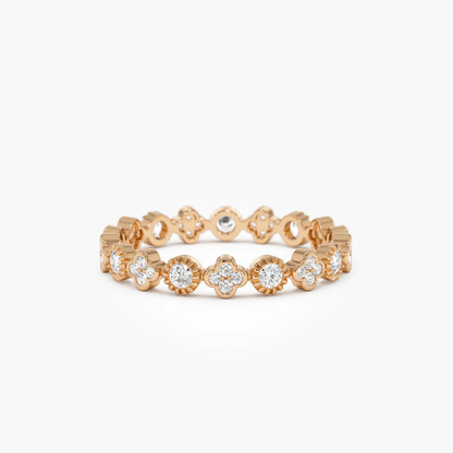 14K Diamond Eternity Bezel and Clover Ring | Four-Leaf Clover & Eternal Circle Design | Lucky Symbolism Jewelry | VLOVE