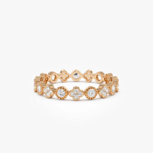 14K Diamond Eternity Bezel and Clover Ring | Four-Leaf Clover & Eternal Circle Design | Lucky Symbolism Jewelry | VLOVE