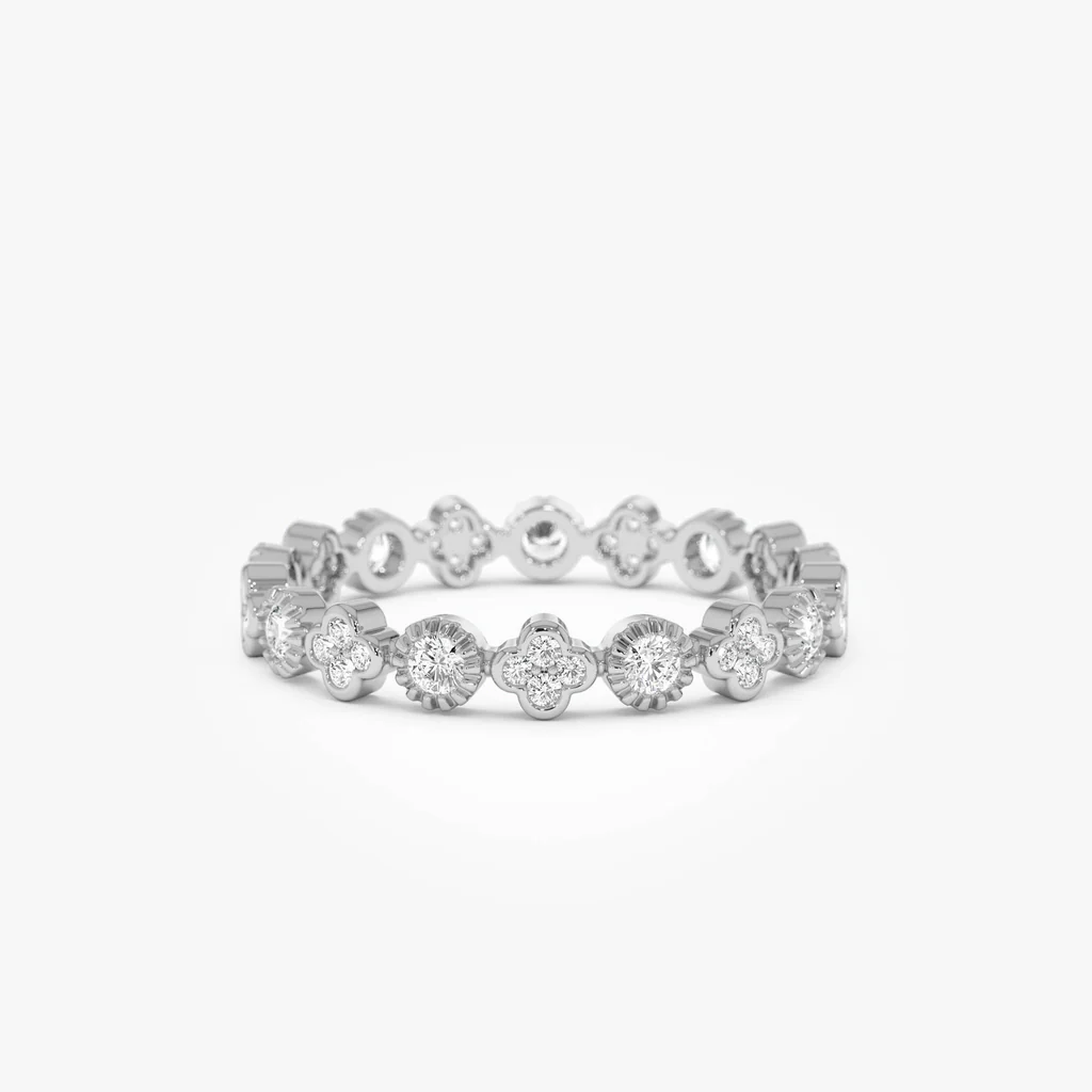 14K Diamond Eternity Bezel and Clover Ring | Four-Leaf Clover & Eternal Circle Design | Lucky Symbolism Jewelry | VLOVE