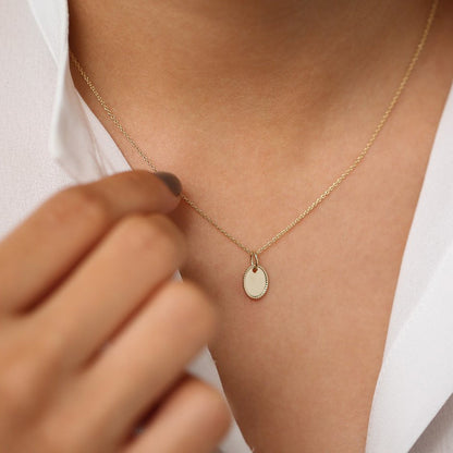 Personalized Initial Necklace | 14K Gold Mini Oval Pendant with Rope Edge | Custom Monogram Jewelry Gift