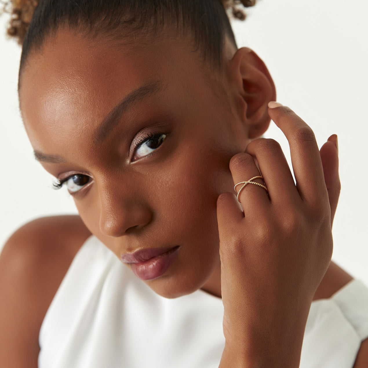 14K Beaded Cross Ring | Stackable Statement Jewelry | Handmade Gold Band for Women | VLOVE