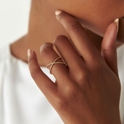 14K Beaded Cross Ring | Stackable Statement Jewelry | Handmade Gold Band for Women | VLOVE