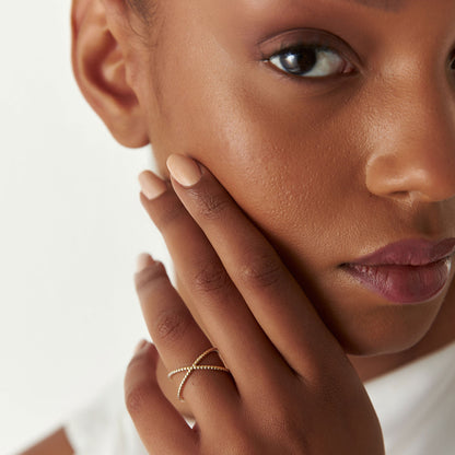 14K Beaded Cross Ring | Stackable Statement Jewelry | Handmade Gold Band for Women | VLOVE