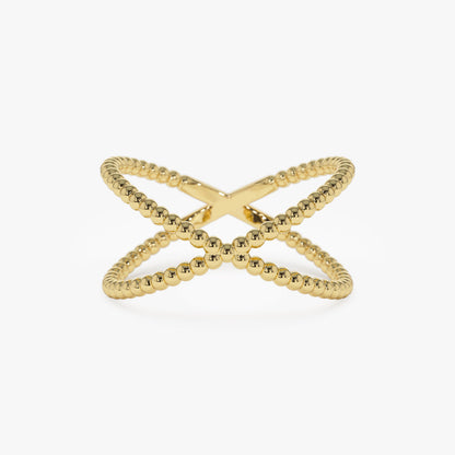 14K Beaded Cross Ring | Stackable Statement Jewelry | Handmade Gold Band for Women | VLOVE