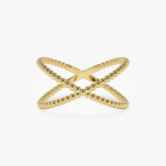 14K Beaded Cross Ring | Stackable Statement Jewelry | Handmade Gold Band for Women | VLOVE