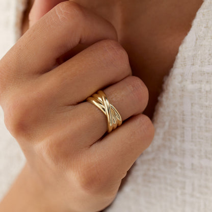 14K Solid Gold Multi-Strand Crossover Ring | Interlaced Stacking Band | Minimalist Jewelry for Women